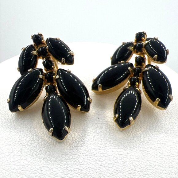 Vtg 50s Black Rhinestone Bib Necklace Set Gold Tone Screwback Earrings Waterfall - Picture 2 of 9